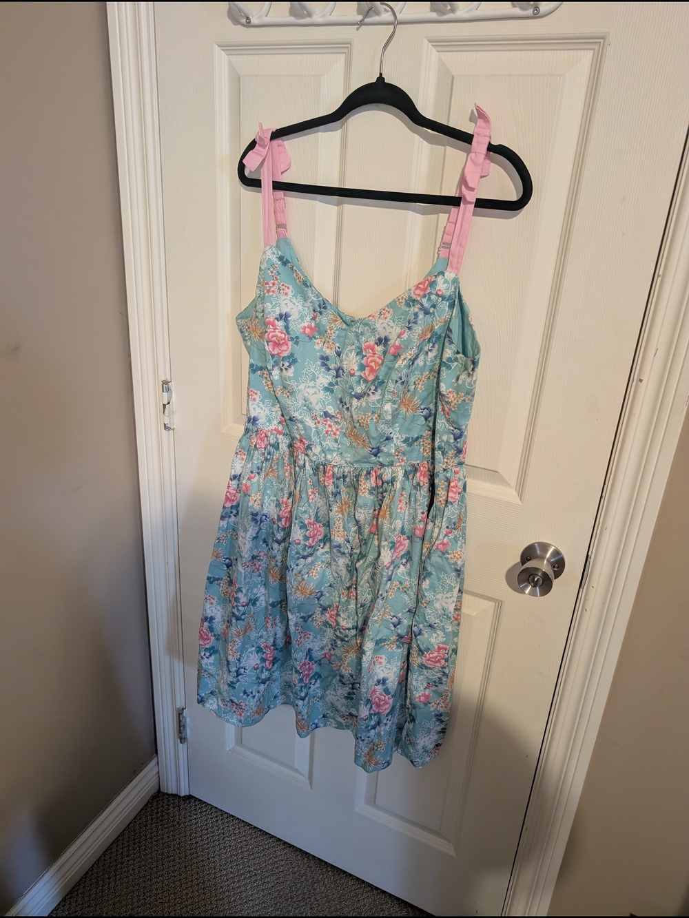 Hell Bunny Aqua Floral Midi Dress with Pink Straps